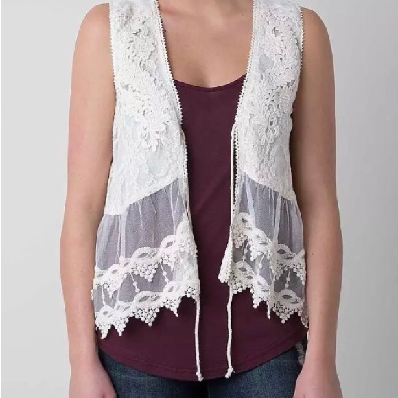 MISS ME Women's Boho Cream Lace Overlay Crochet Tie Front Vest L - Picture 1 of 9
